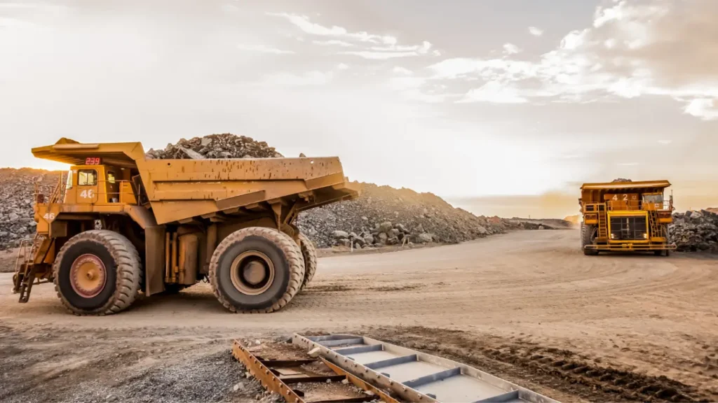 E4H image of a hall truck and another behind it, filled with dirt and rocks